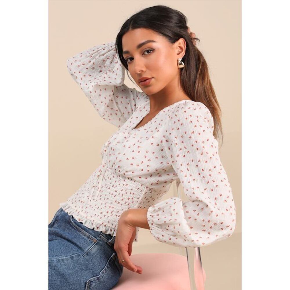 Lulus Kellie Ivory Floral Smocked Long Sleeve Top White - Size L